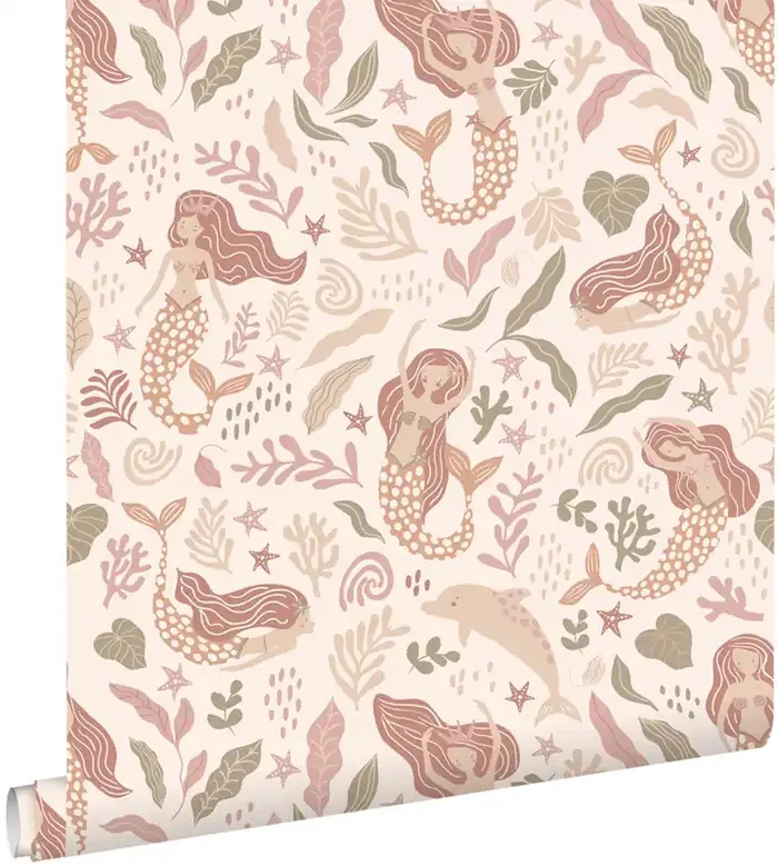 papel pintado sirenas beige, rosa y verde de ESTAhome – 131497