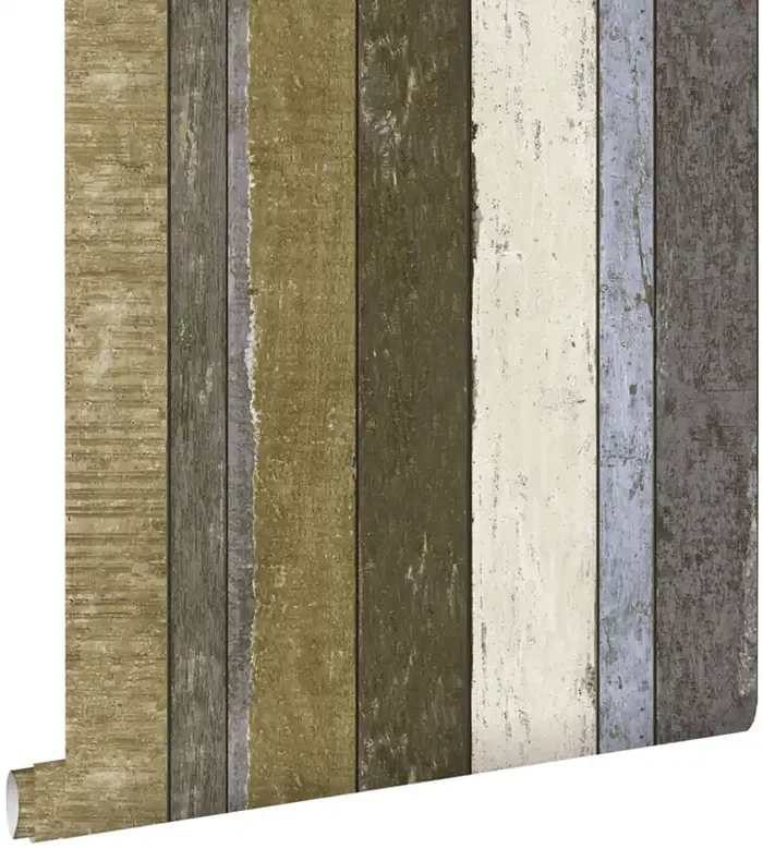 papel pintado tablas de madera beige, azul y verde caqui de ESTAhome – 138253