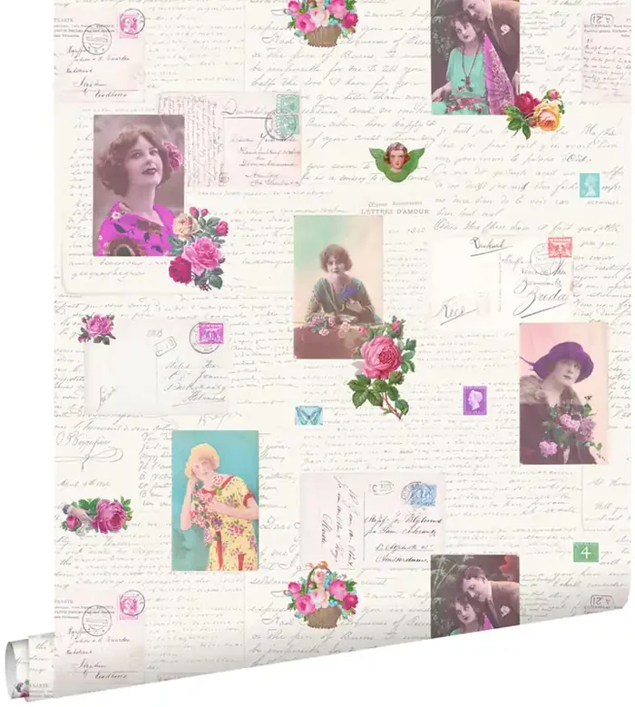 papel pintado tarjetas postales vintage rosa y turquesa de ESTAhome – 138126