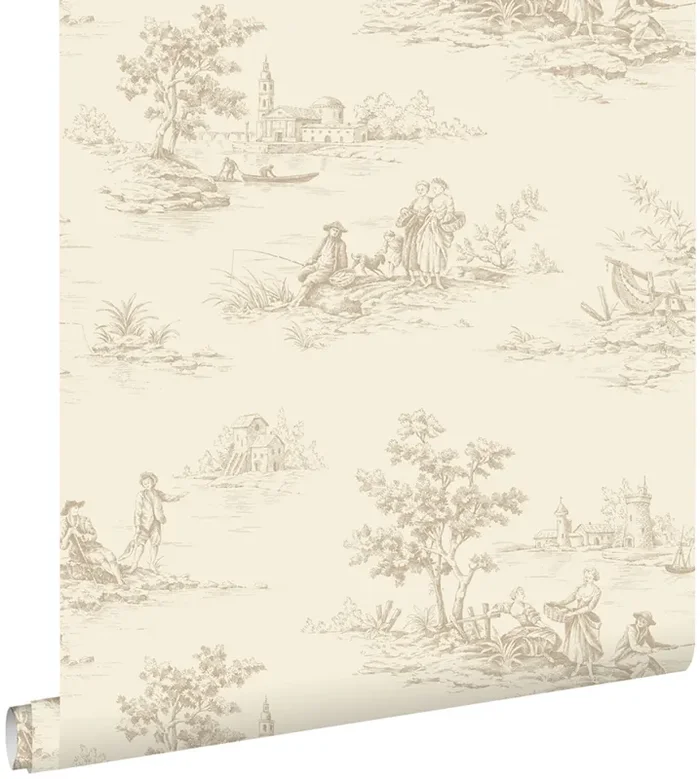 papel pintado tela de jouy beige claro de ESTAhome – 139811