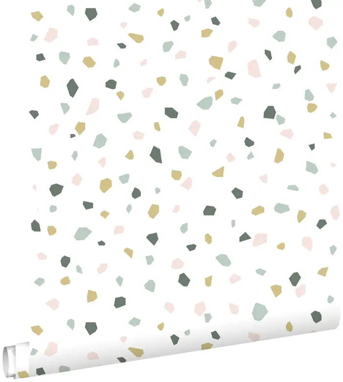 papel pintado terrazo blanco, rosa suave y menta verde de ESTAhome – 139033