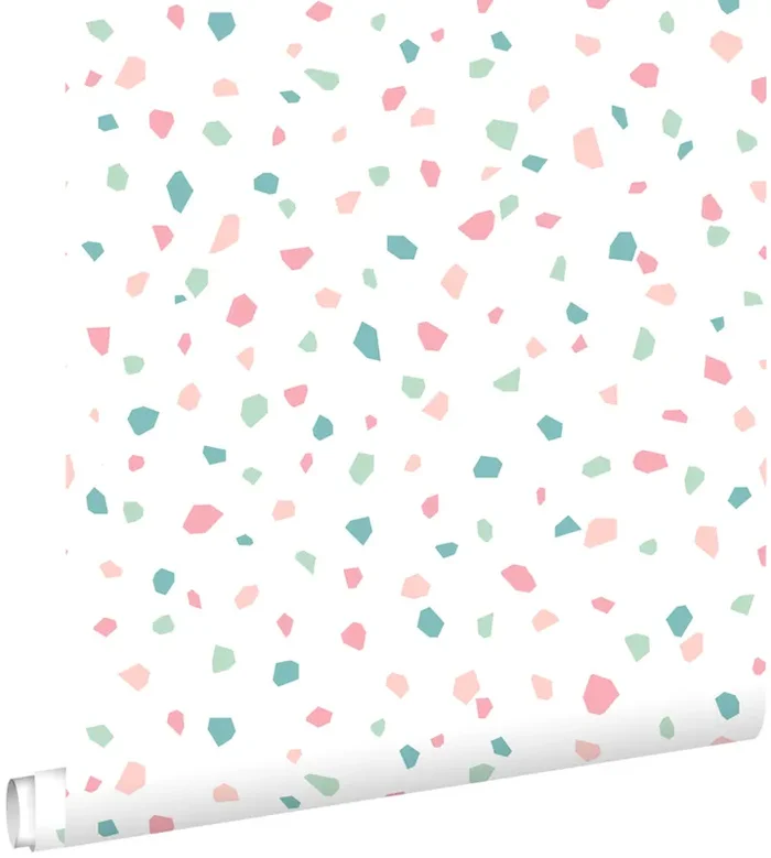 papel pintado terrazo blanco, rosa y verde de ESTAhome – 139304