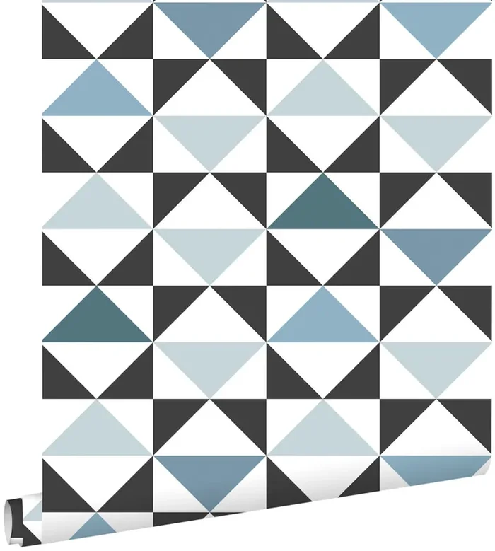 papel pintado triángulos gráficos blanco, negro, azul vintage y azul claro de ESTAhome – 139097