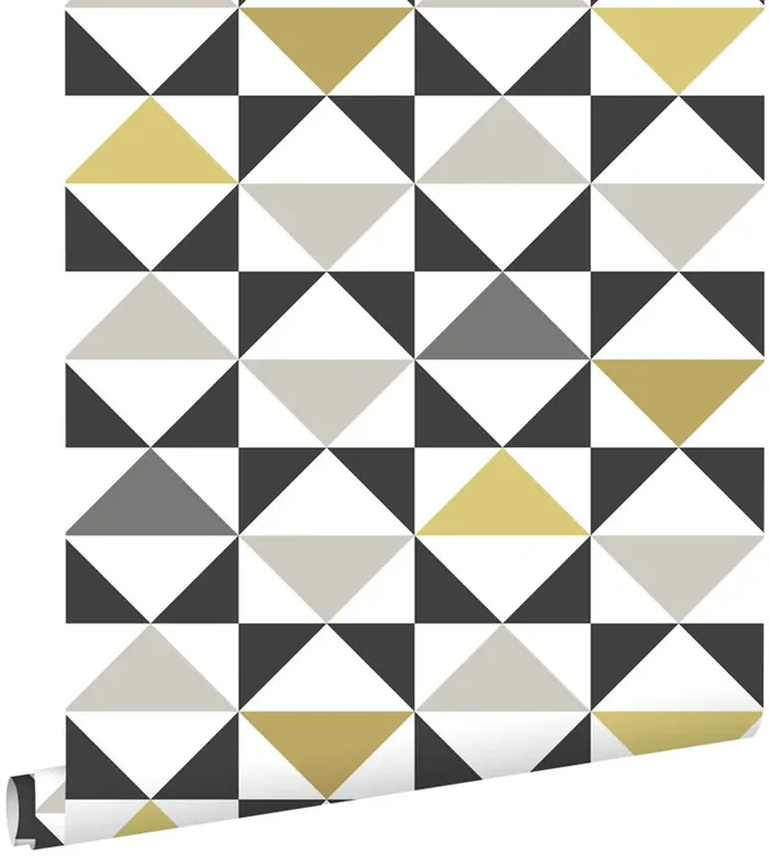 papel pintado triángulos gráficos blanco, negro, gris y amarillo ocre de ESTAhome – 139095