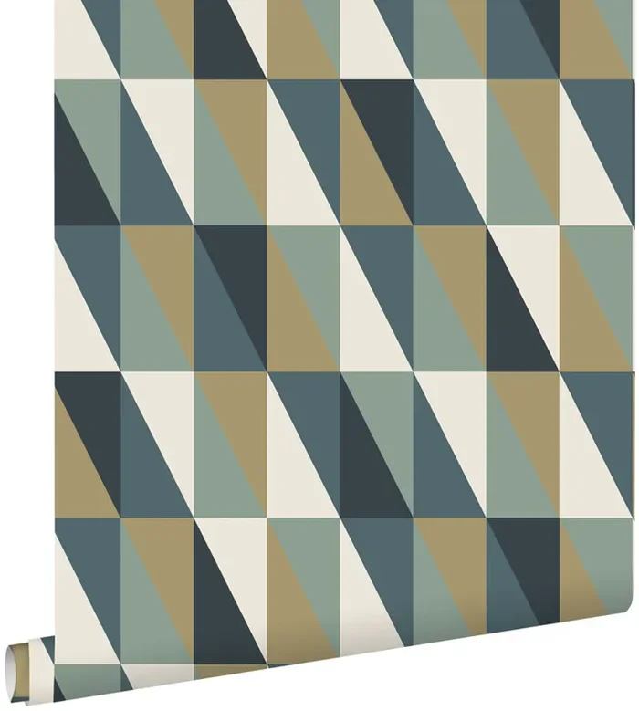 papel pintado triángulos gráficos oro, verde y azul de ESTAhome – 139197