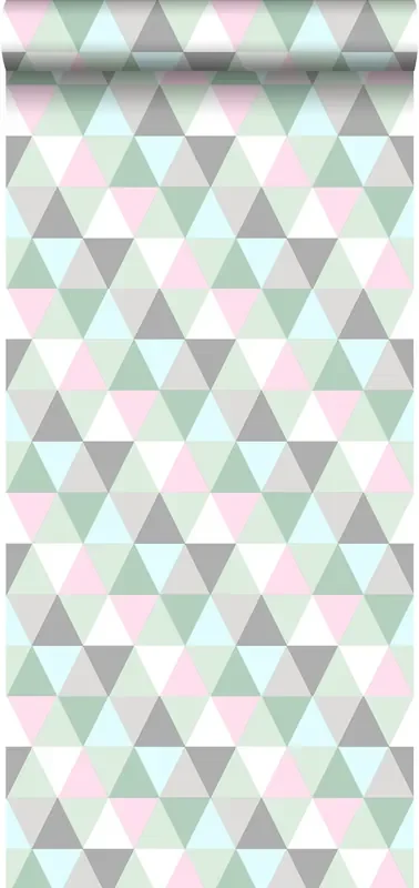 papel pintado triángulos gráficos verde, gris y rosa de Walls4You – 935280
