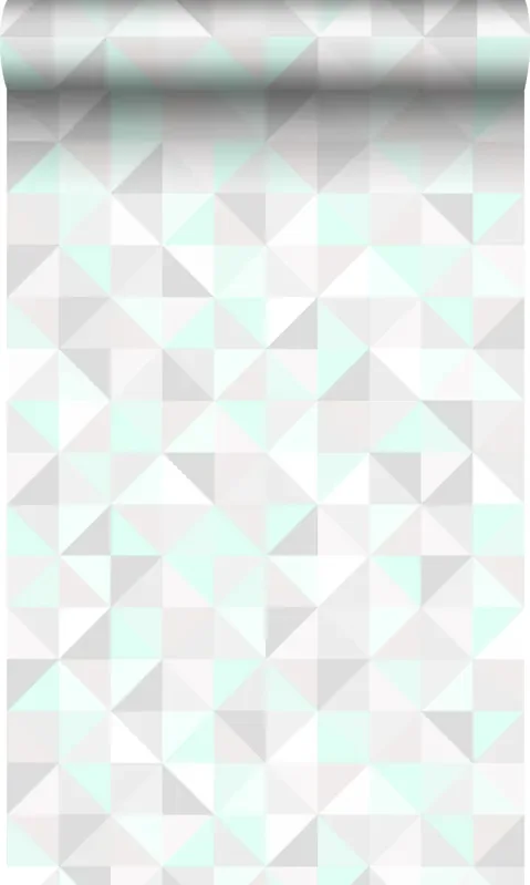 papel pintado triángulos verde menta pastel claro, gris claro cálido, blanco mate y verde esmeralda brillante de Origin Wallcoverings – 337206