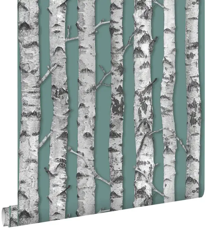 papel pintado troncos de abedul verde anciano agrisado y gris claro cálido de ESTAhome – 138891