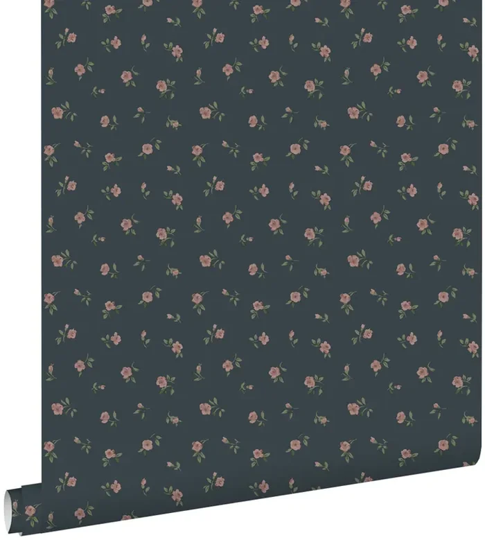 papel pintado vintage flores azul oscuro y rosa de ESTAhome – 139836