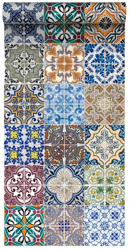 papel pintado XXL azulejos españoles azul, naranja, verde y beige de ESTAhome – 158603