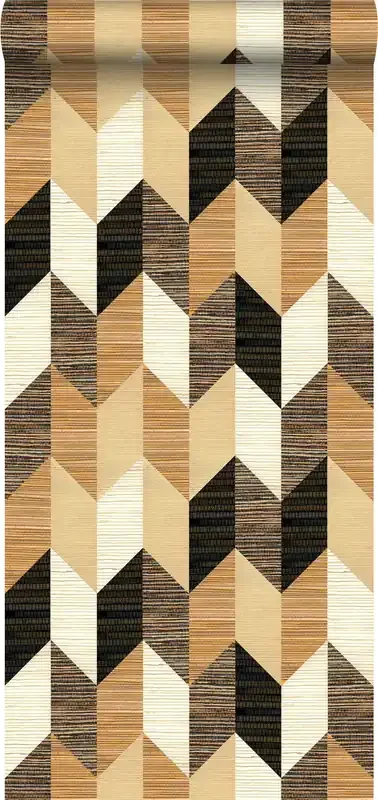 papel pintado XXL fibra vegetal en motivo gráfico 3D negro, beige y beige crema de Origin Wallcoverings – 357214