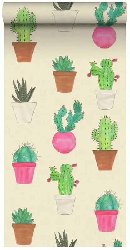 papel pintado XXL fiesta de cactus verde, rosa y beige de ESTAhome – 158604