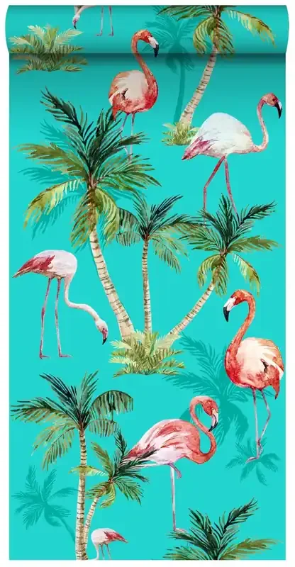 papel pintado XXL flamencos turquesa, verde y rosa de ESTAhome – 158609