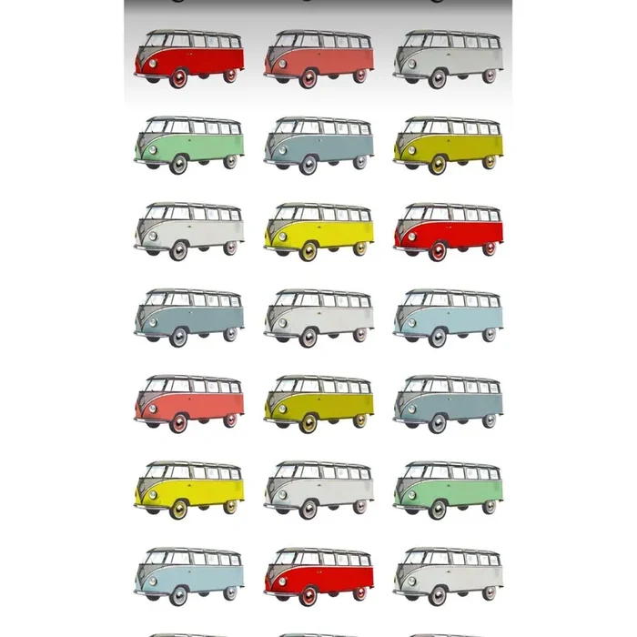 papel pintado XXL furgonetas vintage Volkswagen transporter amarillo, azul, gris, rojo y verde de ESTAhome – 158713