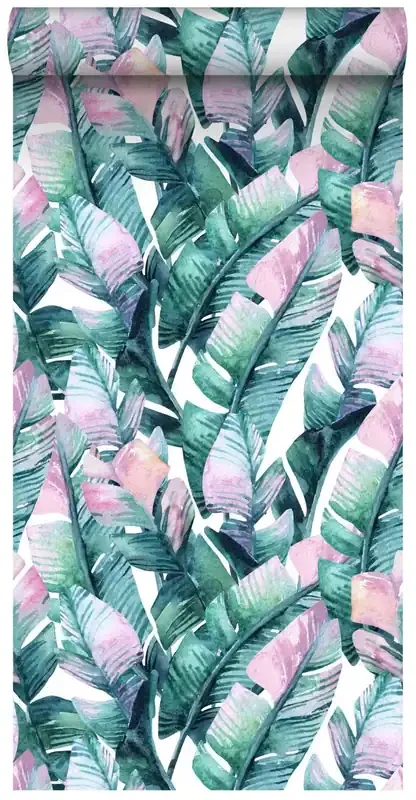 papel pintado XXL hojas de banano turquesa y rosa de ESTAhome – 158896