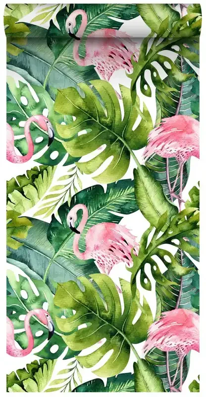 papel pintado XXL hojas tropicales con flamencos verde y rosa de ESTAhome – 158895