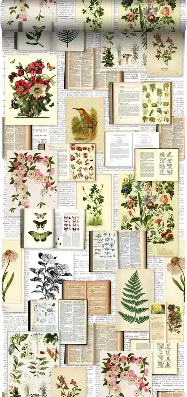 papel pintado XXL páginas de un libro botánico de flores y plantas beige crema claro, verde, marrón y amarillo ocre de ESTAhome – 158825