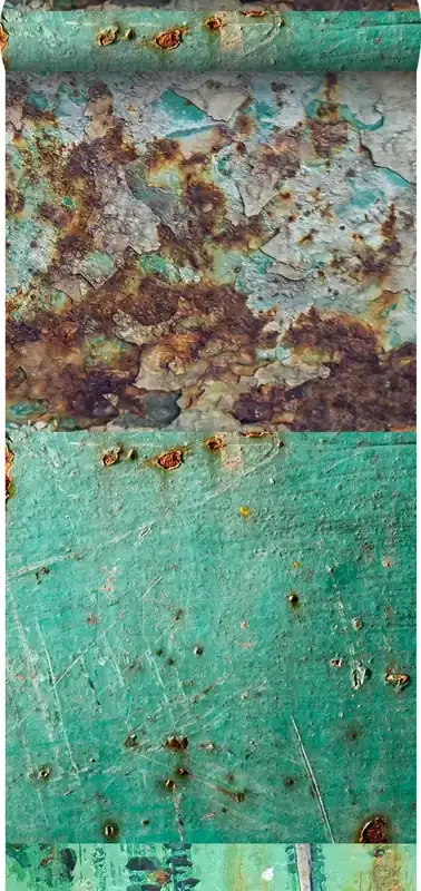 papel pintado XXL patchwork de placas de metal oxidado y envejecido verde mar y marrón de ESTAhome – 158203