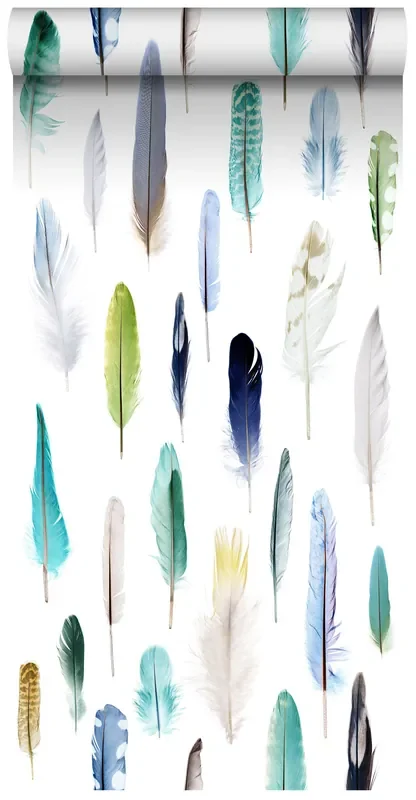 papel pintado XXL plumas verde, azul y beige de ESTAhome – 158602