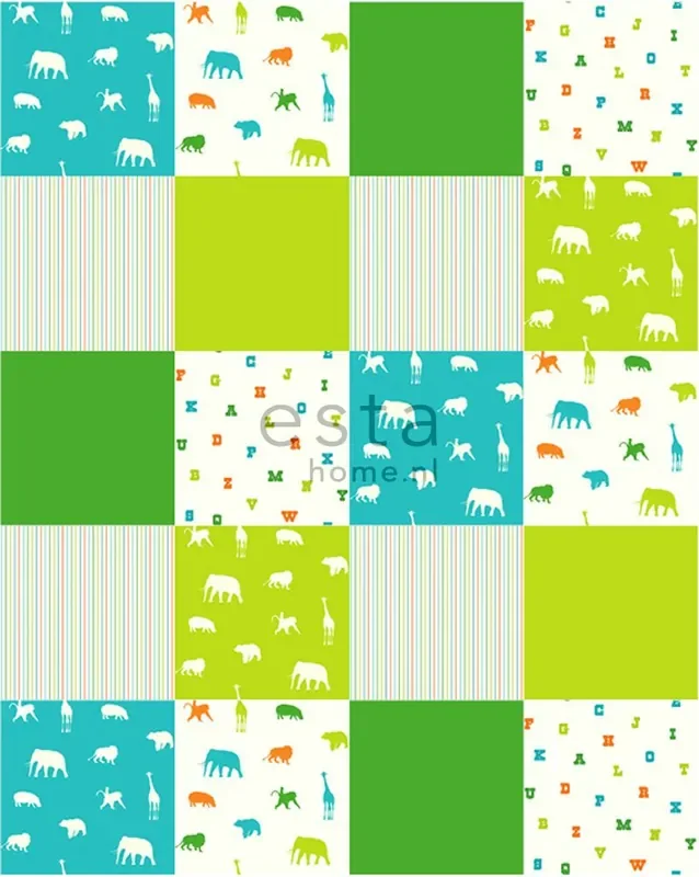 pared de retales de papel pintado animales verde limón y turquesa de ESTAhome – 157324