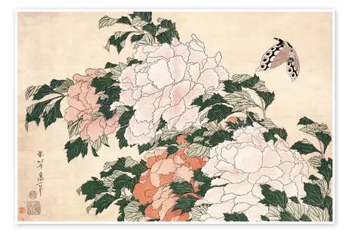 Peonías y mariposas de Katsushika Hokusai Bridgeman Images