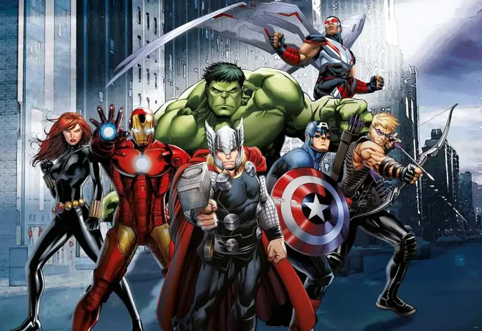 póster decorativo Los Vengadores azul, verde y rojo de Sanders & Sanders – 601042