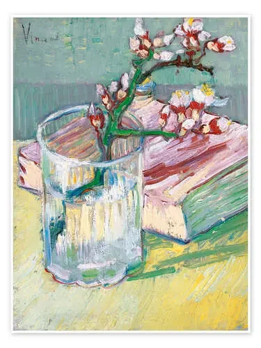 Rama de almendro con flores en un vaso y un libro de Vincent van Gogh Bridgeman Images
