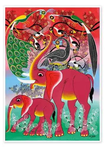 Red Elephant with peacock de Noel Tanzania Art & Licensing