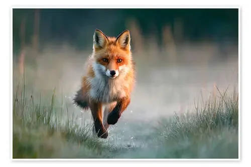 Red fox runs through the meadow in the morning light de Christian Müringer