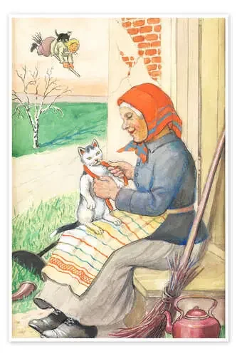 Sentado en la terraza de la cocina con el gatito de Jenny Nyström Master Collection