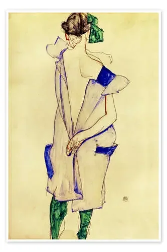 Standing girl in blue dress and green stockings, back view, 1913 de Egon Schiele akg-images