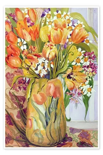 Tulipanes y narcisos en un jarrón Art Nouveau. de Joan Thewsey Bridgeman Images