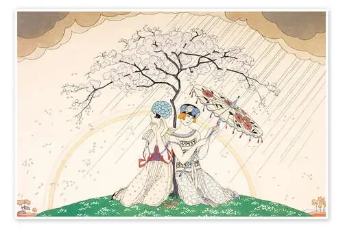 Two women sheltering from the rain, under a tree de Georges Barbier Bridgeman Images