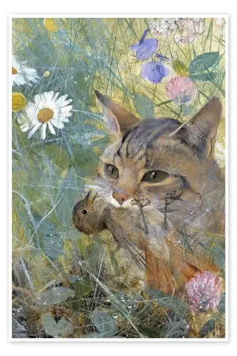 Un gato con un pájaro joven en la boca de Bruno Andreas Liljefors Master Collection