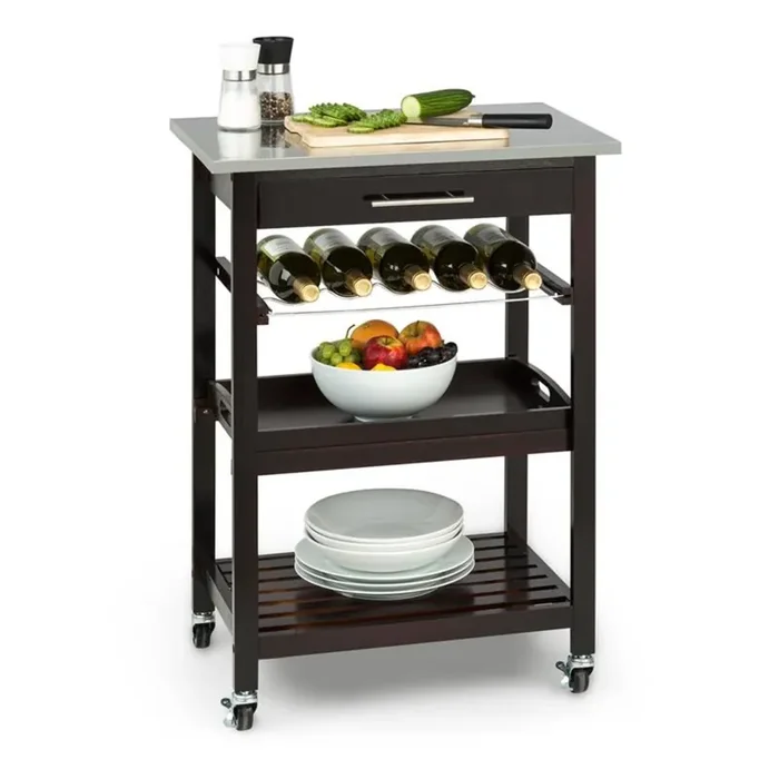 Vermont Carro de cocina Carrito de servicio | 5 niveles: encimera, cajón, botellero, bandeja, estante | Madera y acero inoxidable | Aparador: 2400 cm²/60 x 40 cm | Carga máxima: 75 kg por nivel | rued Madera Oscura Miglior Prezzo
