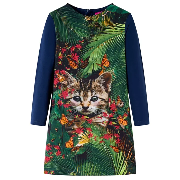 Vestido infantil de manga larga azul marino 128