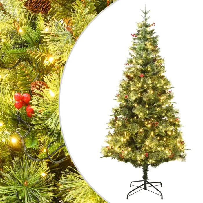 vidaXL Árbol de Navidad con luces y piñas PVC PE verde 120 cm (2)