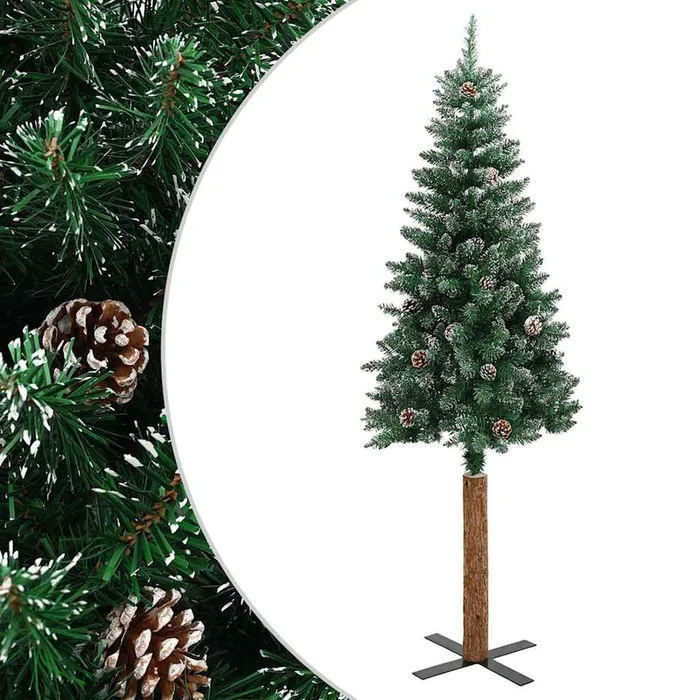 vidaXL Árbol de Navidad estrecho con madera real y nieve 180 cm verde