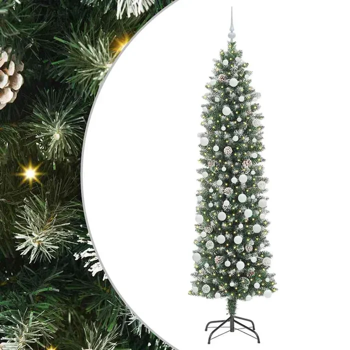 vidaXL Árbol Navideño Artificial Delgado con 300 LED verde y 210 cm (7)