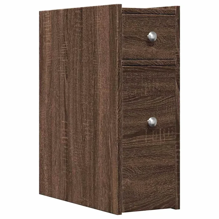 vidaXL Armario de baño estrecho con ruedas madera marrón roble (5)