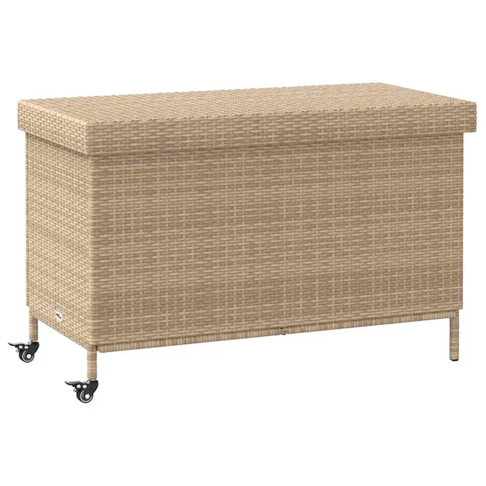 vidaXL Baúl de jardín con ruedas ratán sintético beige 110x55x73 cm