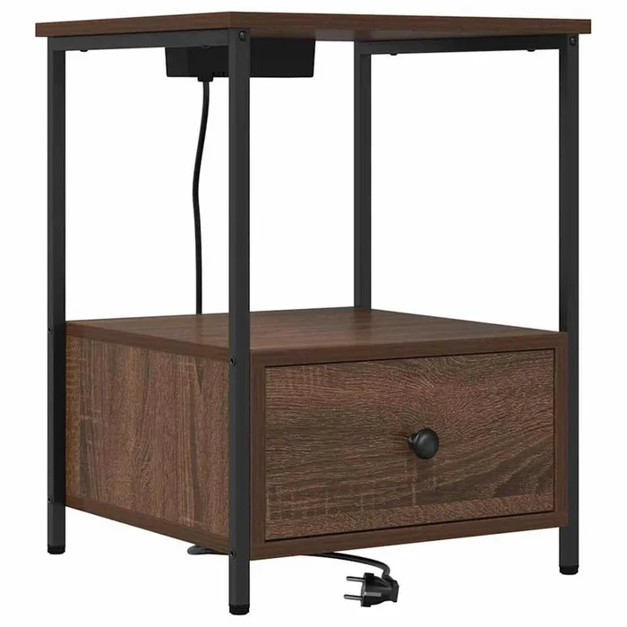 vidaXL Cabinete de Noche con Estación de Carga con cajón Marrón roble (3)