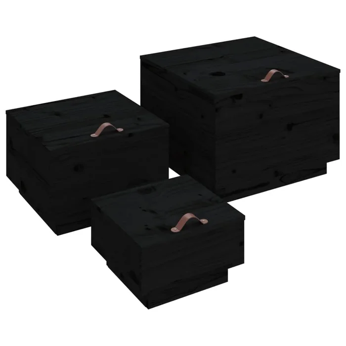 vidaXL Cajas de almacenaje con tapa 3 pzas madera maciza pino negro