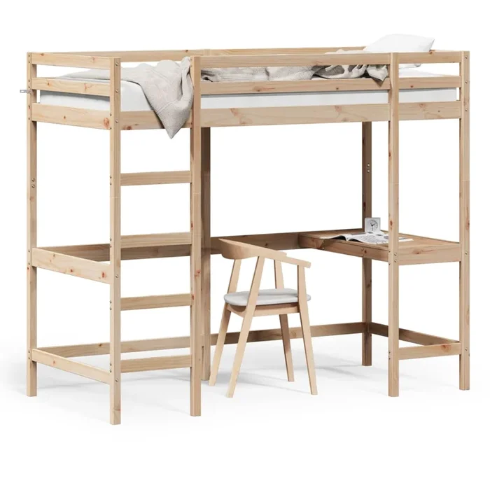 vidaXL Cama alta con escritorio madera maciza de pino 90×190 cm