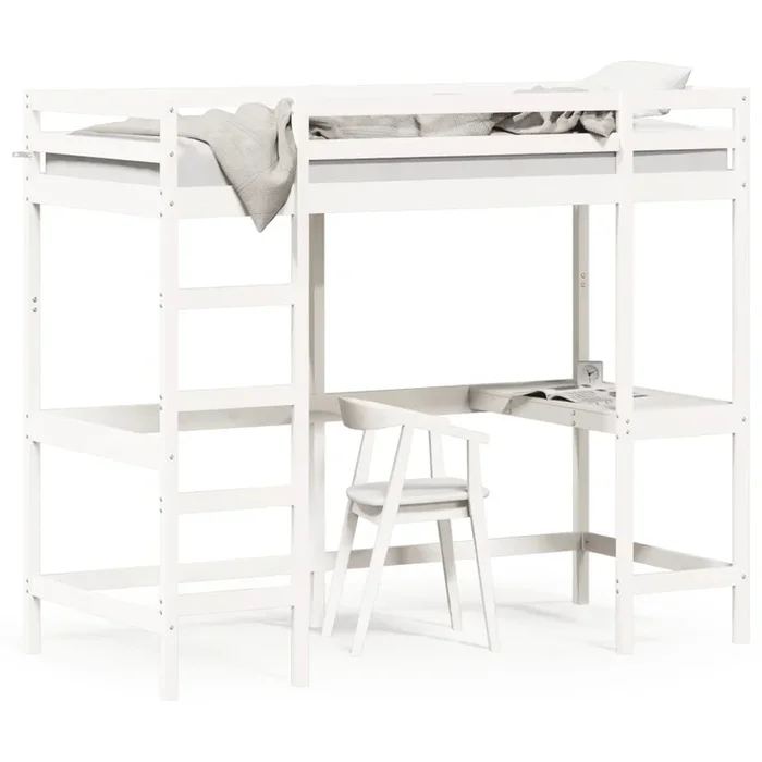 vidaXL Cama alta con escritorio madera maciza pino blanca 100×200 cm