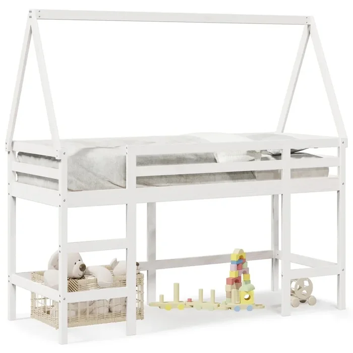 vidaXL Cama alta escalera y techo madera maciza pino blanca 90×200 cm