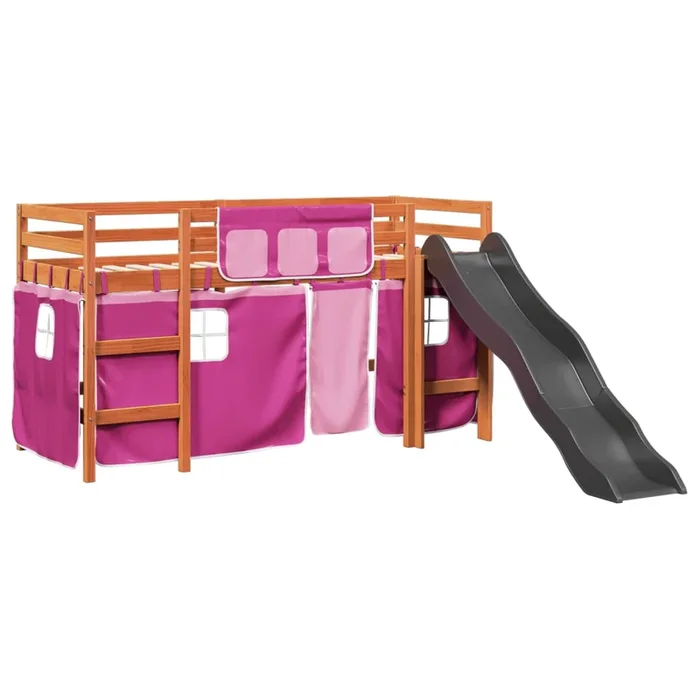 vidaXL Cama alta para niños con cortinas madera pino rosa 80×200 cm (2)