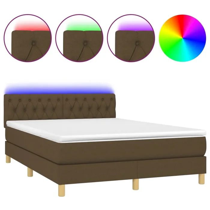 vidaXL Cama box spring colchón luces LED tela marrón oscuro 140×190 cm (2)