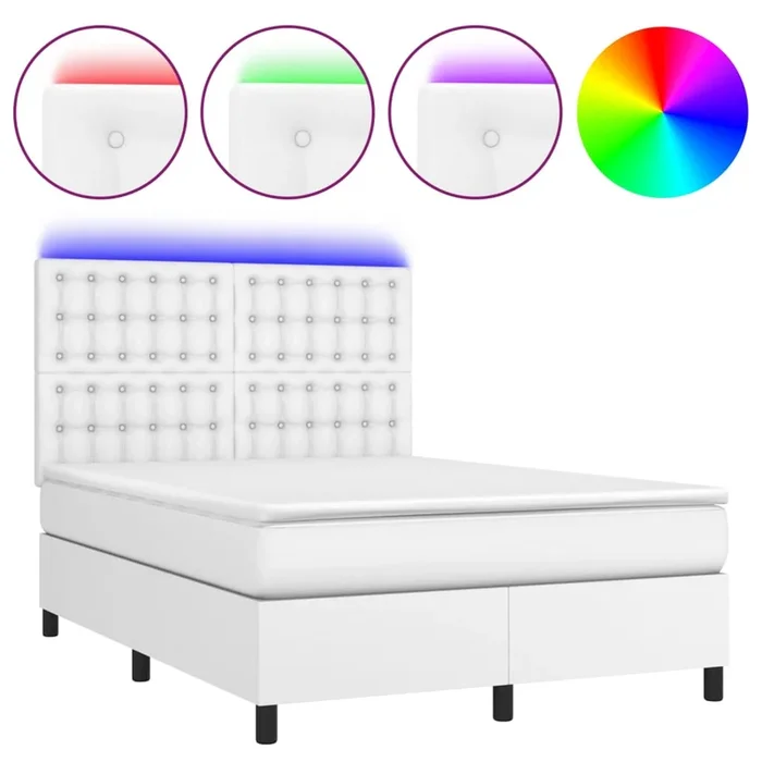 vidaXL Cama box spring colchón y LED cuero sintético blanco 140×190 cm (3)
