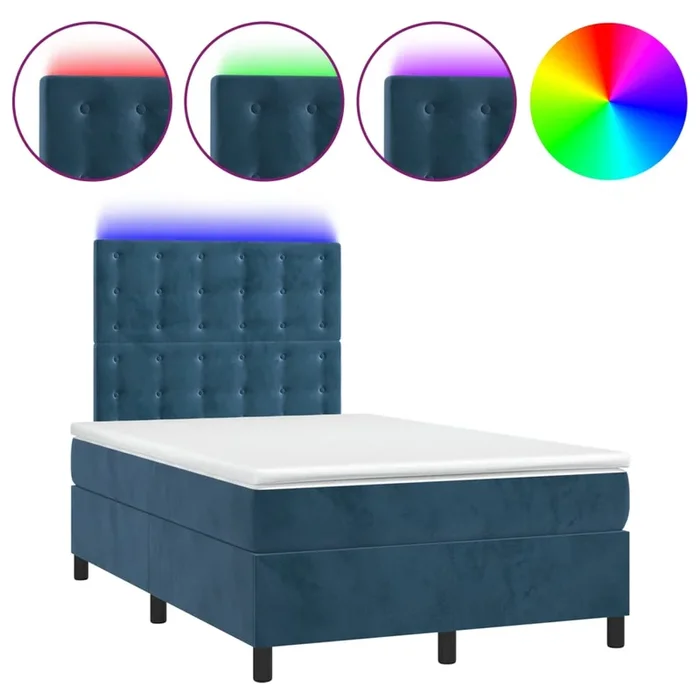 vidaXL Cama box spring colchón y LED terciopelo azul oscuro 120×200 cm (7)